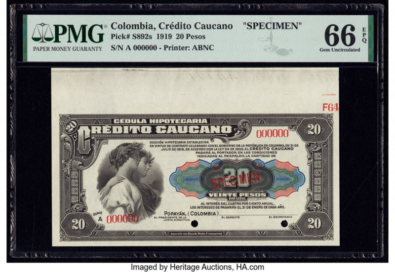Colombia Credito Caucano 20 Pesos 1919 Pick S892s Specimen PMG Gem Uncirculated ...