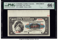 Colombia Credito Caucano 20 Pesos 1919 Pick S892s Specimen PMG Gem Uncirculated 66 EPQ. Red Specimen overprints, two POCs and selvage included.

HID09...