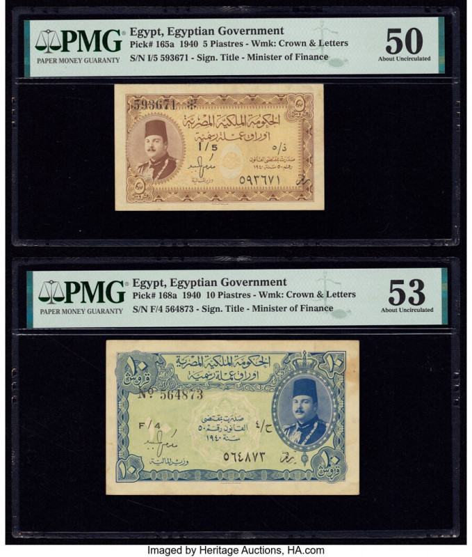 Egypt Egyptian Government 5; 10 Piastres 1940 Pick 165a; 168a Two Examples PMG A...