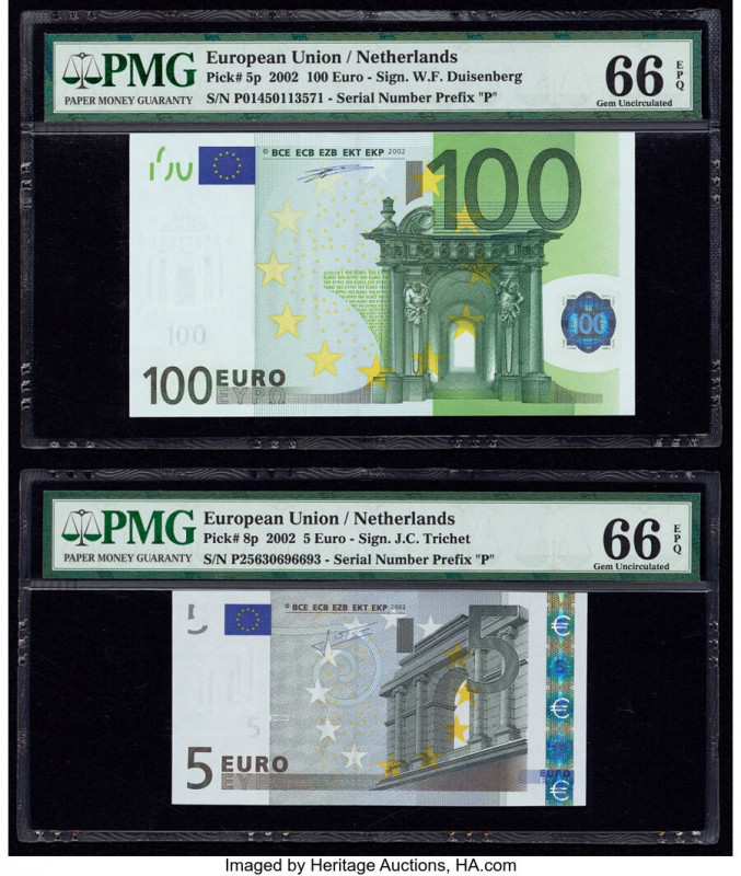 European Union Central Bank, Netherlands 100; 5; 20; 50 Euro 2002 Pick 5p; 8p; 1...