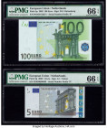 European Union Central Bank, Netherlands 100; 5; 20; 50 Euro 2002 Pick 5p; 8p; 16p; 17p Four Examples PMG Gem Uncirculated 66 EPQ (2); Superb Gem Unc ...
