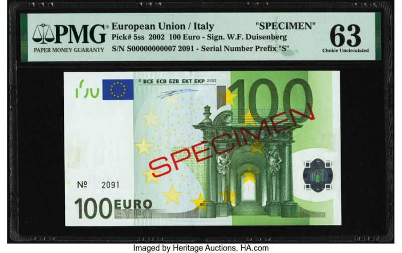 European Union Central Bank, Italy 100 Euro 2002 Pick 5ss Specimen PMG Choice Un...