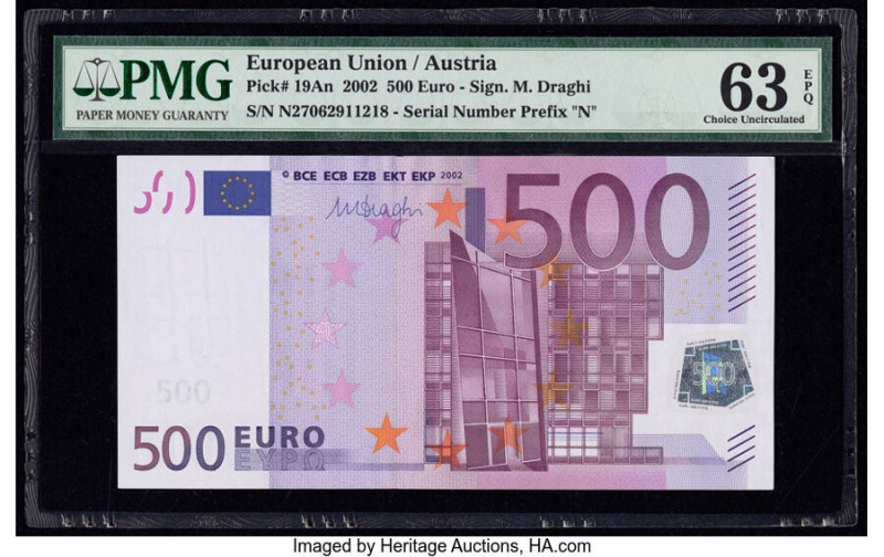 European Union Central Bank, Austria 500 Euro 2002 Pick 19An PMG Choice Uncircul...