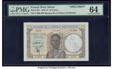 French West Africa Banque de l'Afrique Occidentale 25 Francs 1943-54 Pick 38s Specimen PMG Choice Uncirculated 64. Roulette Specimen punch.

HID098012...
