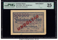 German States Bayerische Notenbank 500,000 Mark 1923 Pick S930s Specimen PMG Very Fine 25. Roulette punch, red overprints and a repair is noted.

HID0...
