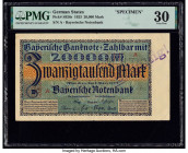 Germany Bayerische Notenbank 20,000 Mark 1.3.1923 Pick S926s Specimen PMG Very Fine 30. Purple overprints and a roulette punch are visible on this exa...