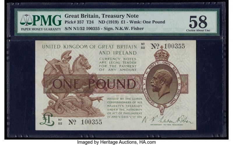 Great Britain Bank of England 1 Pound ND (1919) Pick 357 PMG Choice About Unc 58...