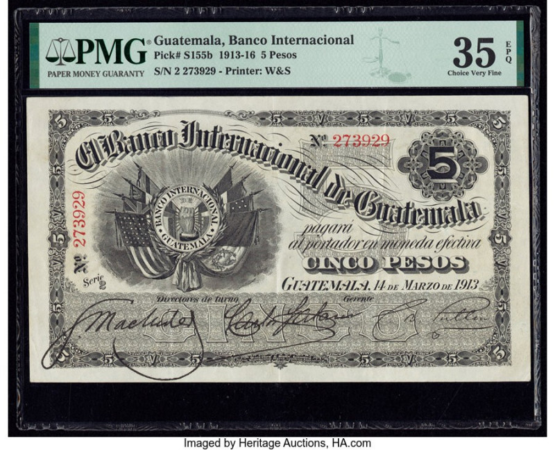Guatemala Banco Internacional De Guatemala 5 Pesos 14.3.1913 Pick S155b PMG Choi...