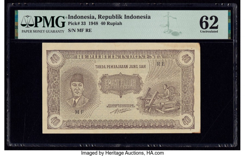 Indonesia Republik Indonesia 40 Rupiah 23.8.1948 Pick 33 PMG Uncirculated 62. Mi...