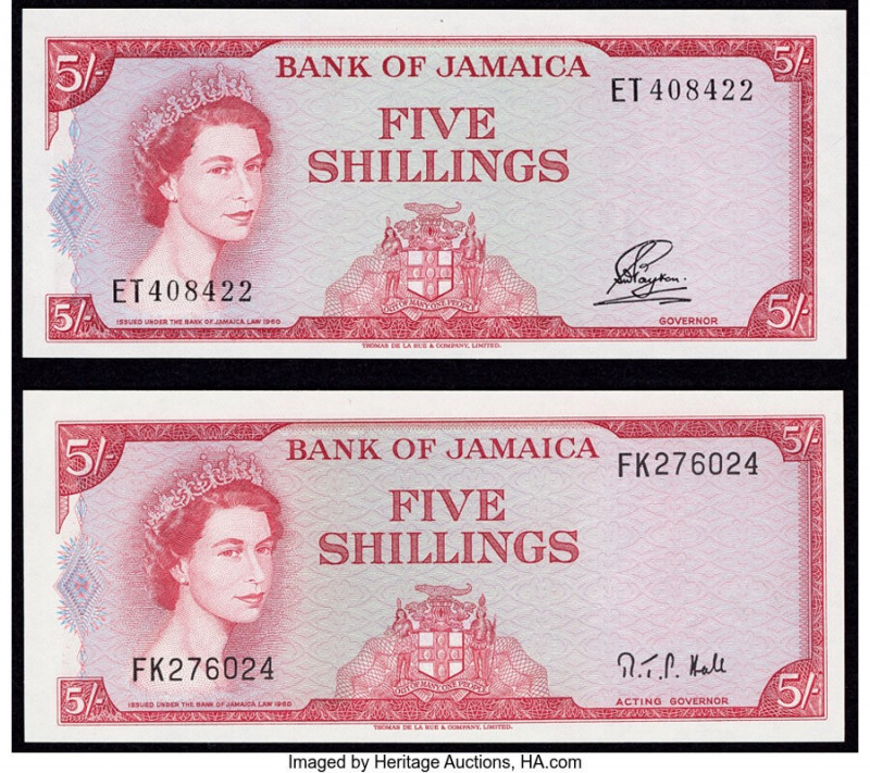 Jamaica Bank of Jamaica 5 Shillings 1960 (ND 1964) Pick 51Aa; 51Ac Two Examples ...