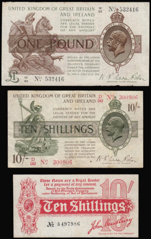 Ten Shillings Bradbury T9 issued 1914 serial number A/23 497986 VF with several ...