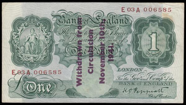 One pound Peppiatt B239A Guernsey overprint series E03A 006585, "Withdrawn from ...
