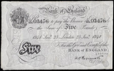 Five Pounds Peppiatt white B241 London 23rd January 1941, serial number C/121 03476, VF tiny nick left edge, inked number reverse

Estimate: GBP 100...