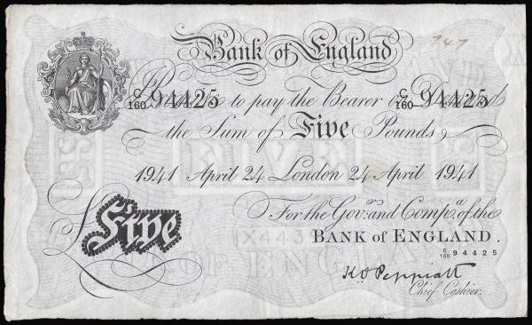 Five Pounds Peppiatt white B241 London 24th August 1941, serial number C/160 944...