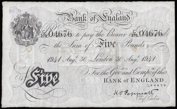 Five Pounds Peppiatt white B241 London 30th August 1941, serial number C/175 046...