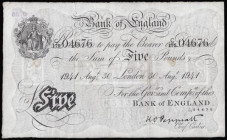 Five Pounds Peppiatt white B241 London 30th August 1941, serial number C/175 04676, VF inked stamped numbers reverse and some brown stains obverse

...