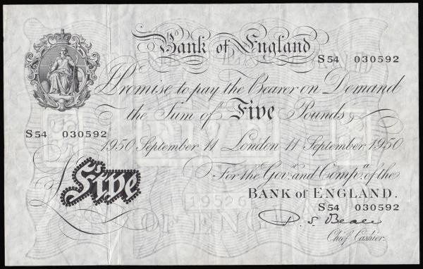 Five Pounds Beale white B270 London 11th September 1950 serial number S54 030592...