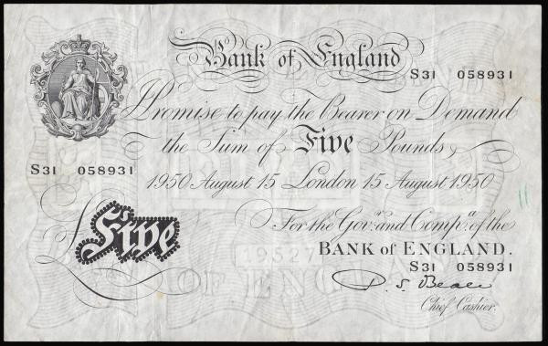 Five Pounds Beale white B270 London 15th August 1950 serial number S31 058931 Pi...