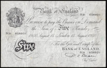 Five Pounds Beale white B270 London 15th August 1950 serial number S31 058931 Pick344 VF or near so

Estimate: GBP 70 - 110