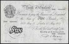 Five Pounds Beale white B270 London 15th May 1951 serial number U65 024095 Pick344 VF penned number lower left corner and bank stamp reverse

Estima...
