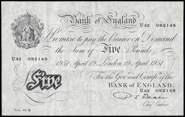 Five Pounds Beale white B270 London 19th April 1951 serial number U43 082148 Pic...