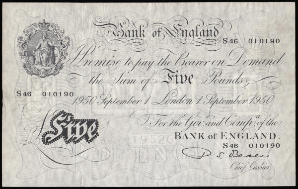 Five Pounds Beale white B270 London 1st September 1950 serial number S46 010190 ...