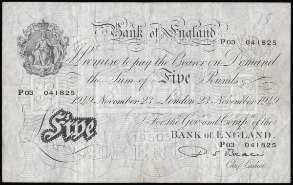 Five Pounds Beale white B270 London 23rd November 1949 serial number P03 041825 ...