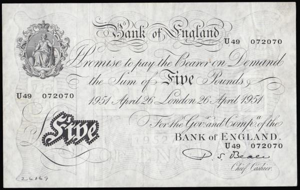 Five Pounds Beale white B270 London 26th April 1951 serial number U49 072070 Pic...