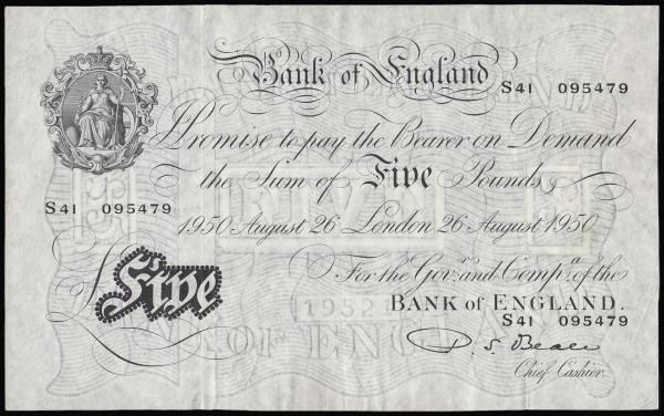 Five Pounds Beale white B270 London 26th August 1950 serial number S41 095479 Pi...