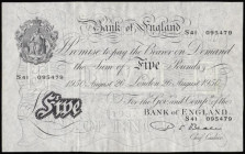 Five Pounds Beale white B270 London 26th August 1950 serial number S41 095479 Pick344 EF or better

Estimate: GBP 120 - 180