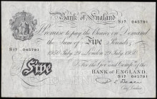 Five Pounds Beale white B270 London 29th July 1950 serial number S17 045791 Pick344 VF or near so

Estimate: GBP 70 - 110
