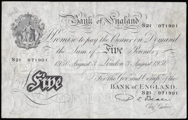 Five Pounds Beale white B270 London 3rd August 1950 serial number S21 071901 Pic...