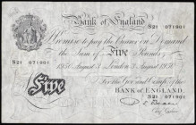 Five Pounds Beale white B270 London 3rd August 1950 serial number S21 071901 Pick344 VF pencilled number top left corner and bank stamp reverse

Est...