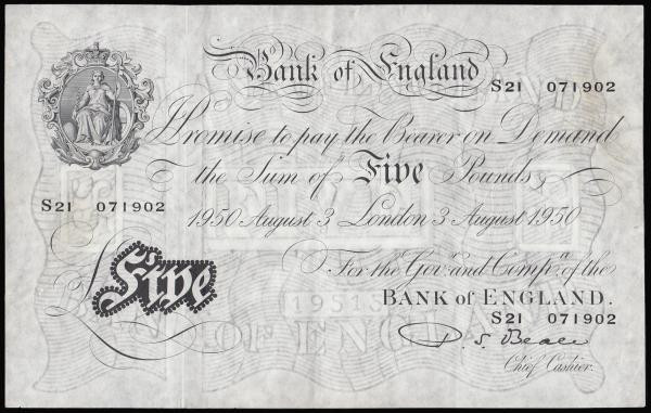 Five Pounds Beale white B270 London 3rd August 1950 serial number S21 071902 Pic...