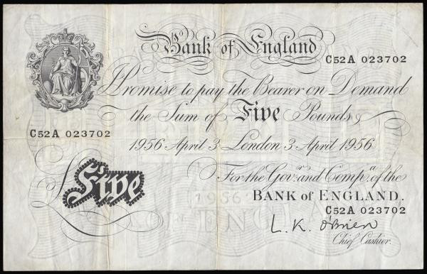 Five Pounds O'Brien white B276 London 3rd April 1956 serial number C52A 023702 F...