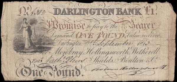 Darlington&nbsp;Bank 1 Pound FIRST year for this type dated 6th September 1813 n...