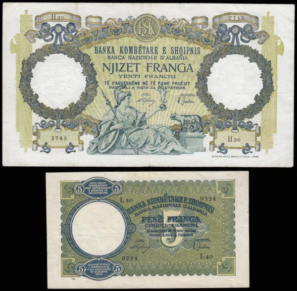 Albania (2 ) 20 Franga issued 1939 during the Italian occupation Green on olive-...