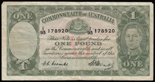 Australia One Pound undated (1949 issue) Portrait of King George VI at right, bl...
