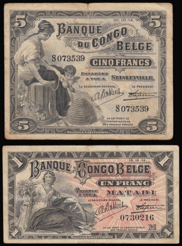 Belgian Congo 5 Francs 30.10.14 Pick 4c Very Good, One Franc 15.10.14 Pick 3b Fi...