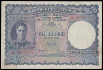 Ceylon 10 Rupees dated 1st June 1948 series J/45 679774, portrait King George VI at left, Temple of the Tooth on reverse, VF though a little dirty rev...