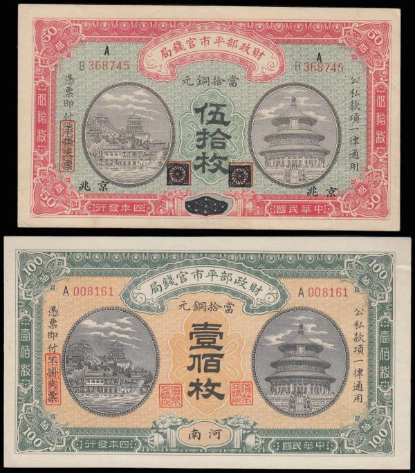 China, Market Stabilization Currency Bureau 100 coppers dated 1915, series A0081...