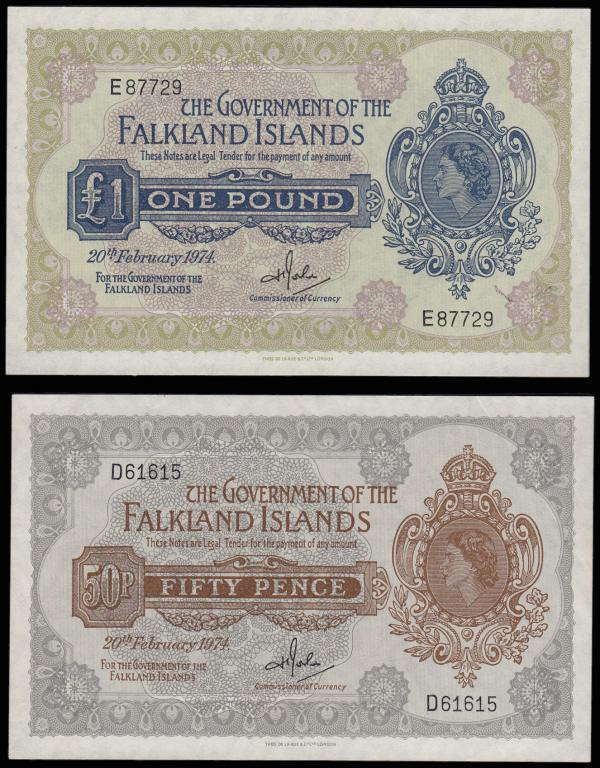 Falkland Islands (2) One Pound, 20 February 1974, E87729, signature of H.T. Rowl...