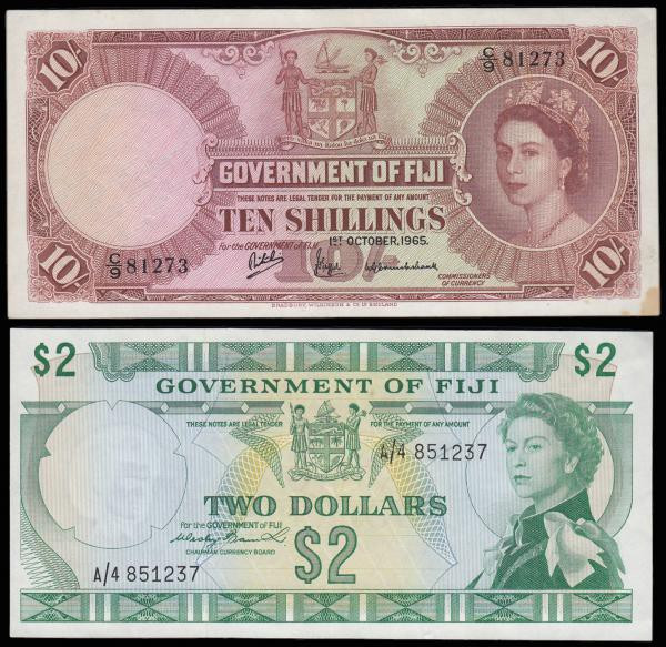 Fiji (2) $2 issued 1971 series A/4 851237, signed Wesley Barrett, QE2 Annigoni p...