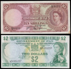 Fiji (2) $2 issued 1971 series A/4 851237, signed Wesley Barrett, QE2 Annigoni portrait, Pick65a, GEF, 10 shillings dated 1st October 1965 series C/9 ...