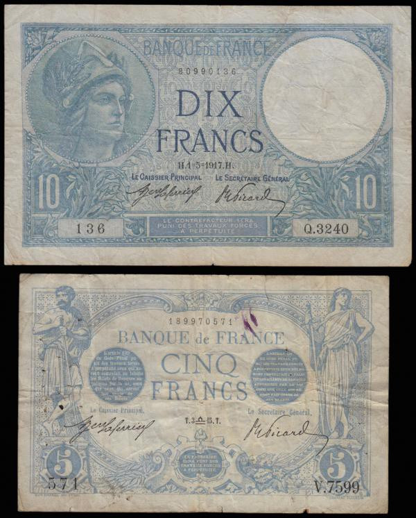 France (2) Five Francs 1912-1917 issue (1915) Pick 70 Near Fine with several pin...