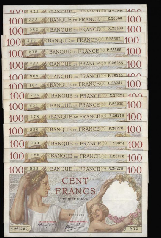 France 100 Francs 1941 issues (15) 20/11/41 (11) and 6/11/41 (4) Pick 94 EF

E...