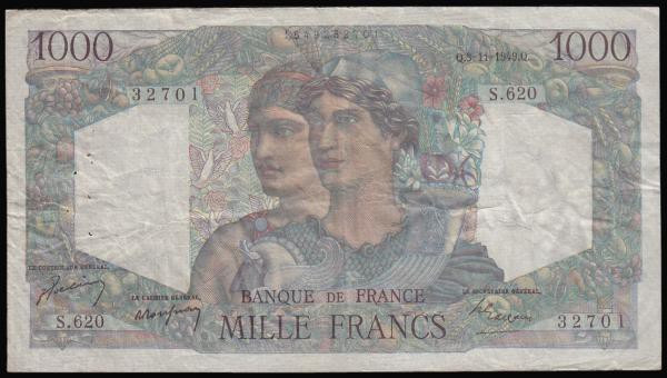 France 1000 Francs 3.11.1949 series S.620 32701 serial no. 1549232701, Pick 130b...
