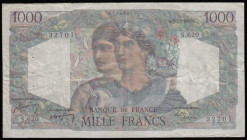 France 1000 Francs 3.11.1949 series S.620 32701 serial no. 1549232701, Pick 130b Near Fine, with the usual staple holes at left

Estimate: GBP 25 - ...
