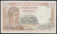 France 50 Francs dated 28.1.1937, series B.5510 084, serial number 137726084, Pick 81 Good Fine, pressed, with a small tear at the bottom right

Est...