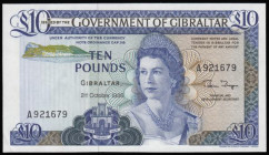 Gibraltar Ten Pounds 21.10.1986 issue, A921679, Pick 22b small flick at lower left corner, otherwise UNC

Estimate: GBP 35 - 55